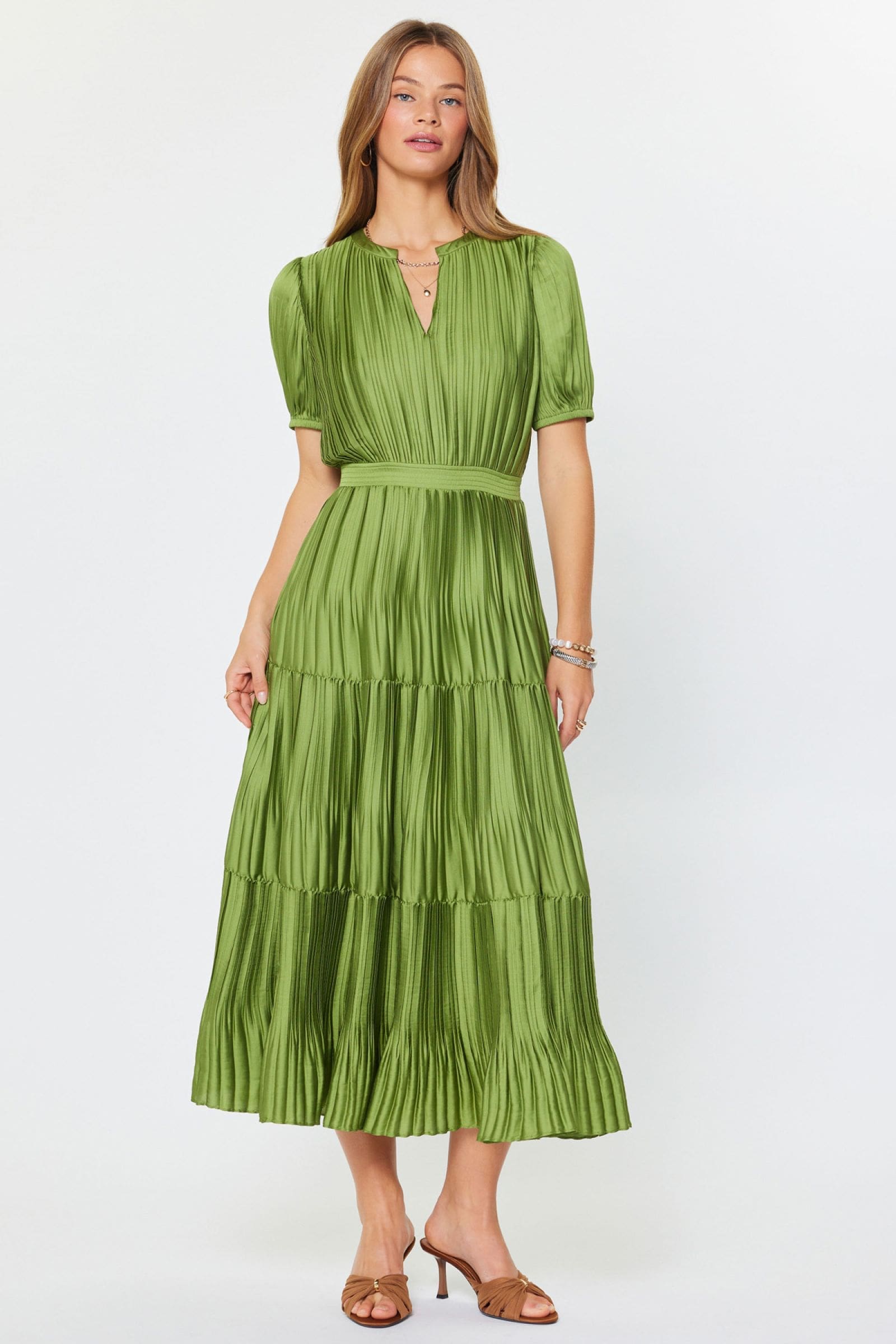 Current Air Slit-Neck Short Sleeve Pleated Tiered Dress - Image 2