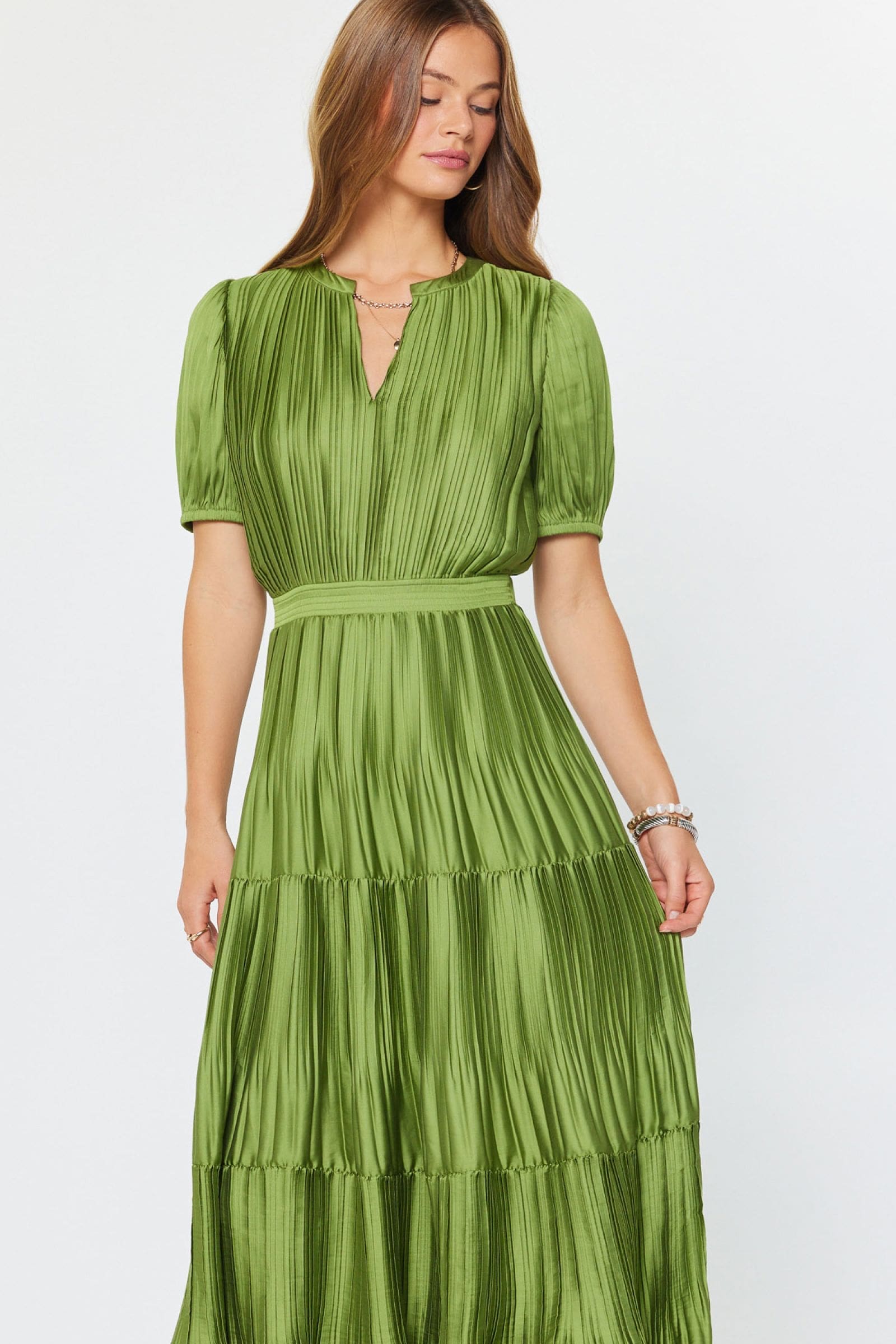 Current Air Slit-Neck Short Sleeve Pleated Tiered Dress - Image 8