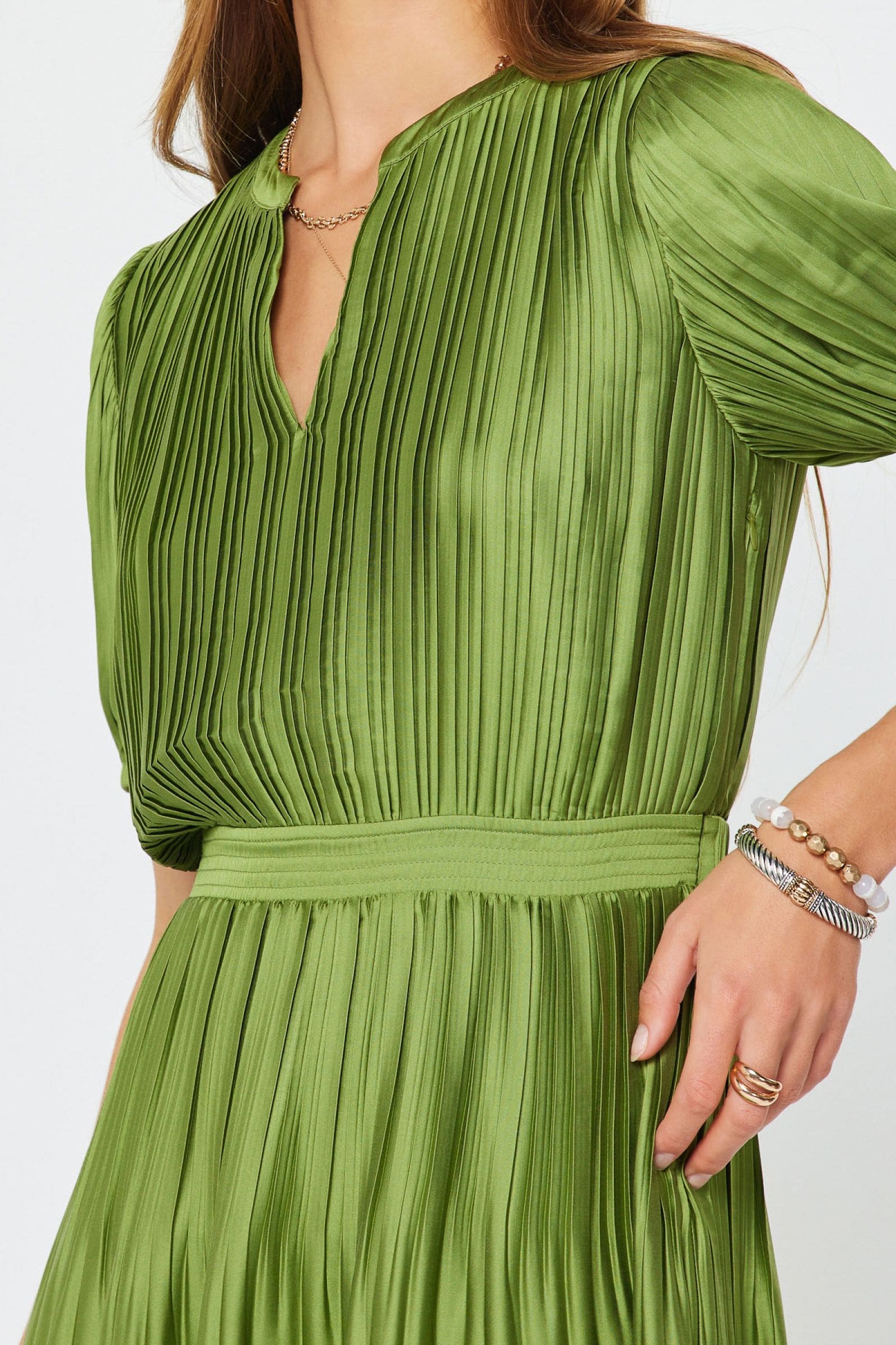 Current Air Slit-Neck Short Sleeve Pleated Tiered Dress - Image 10