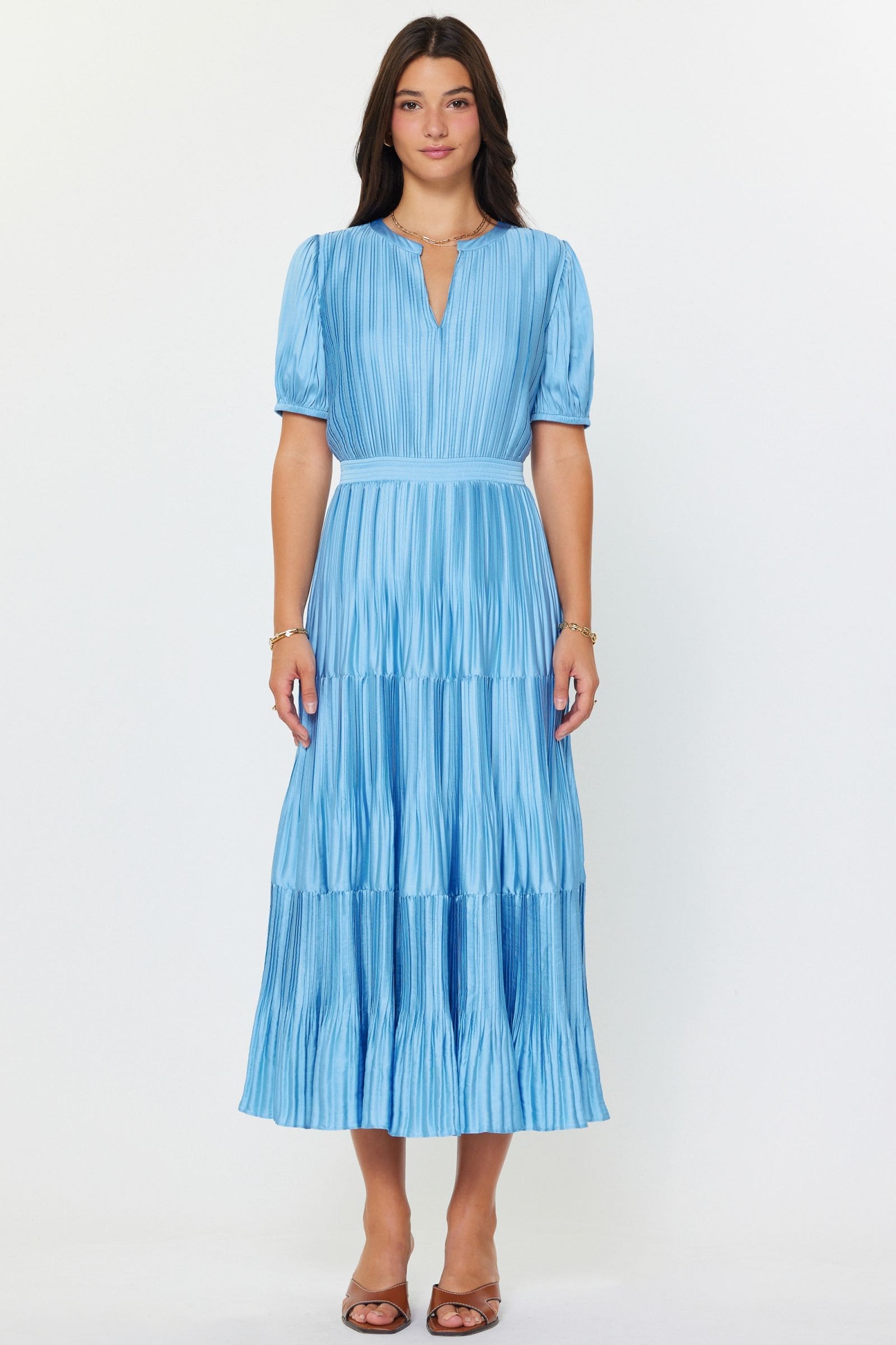 Current Air Slit-Neck Short Sleeve Pleated Tiered Dress - Image 3