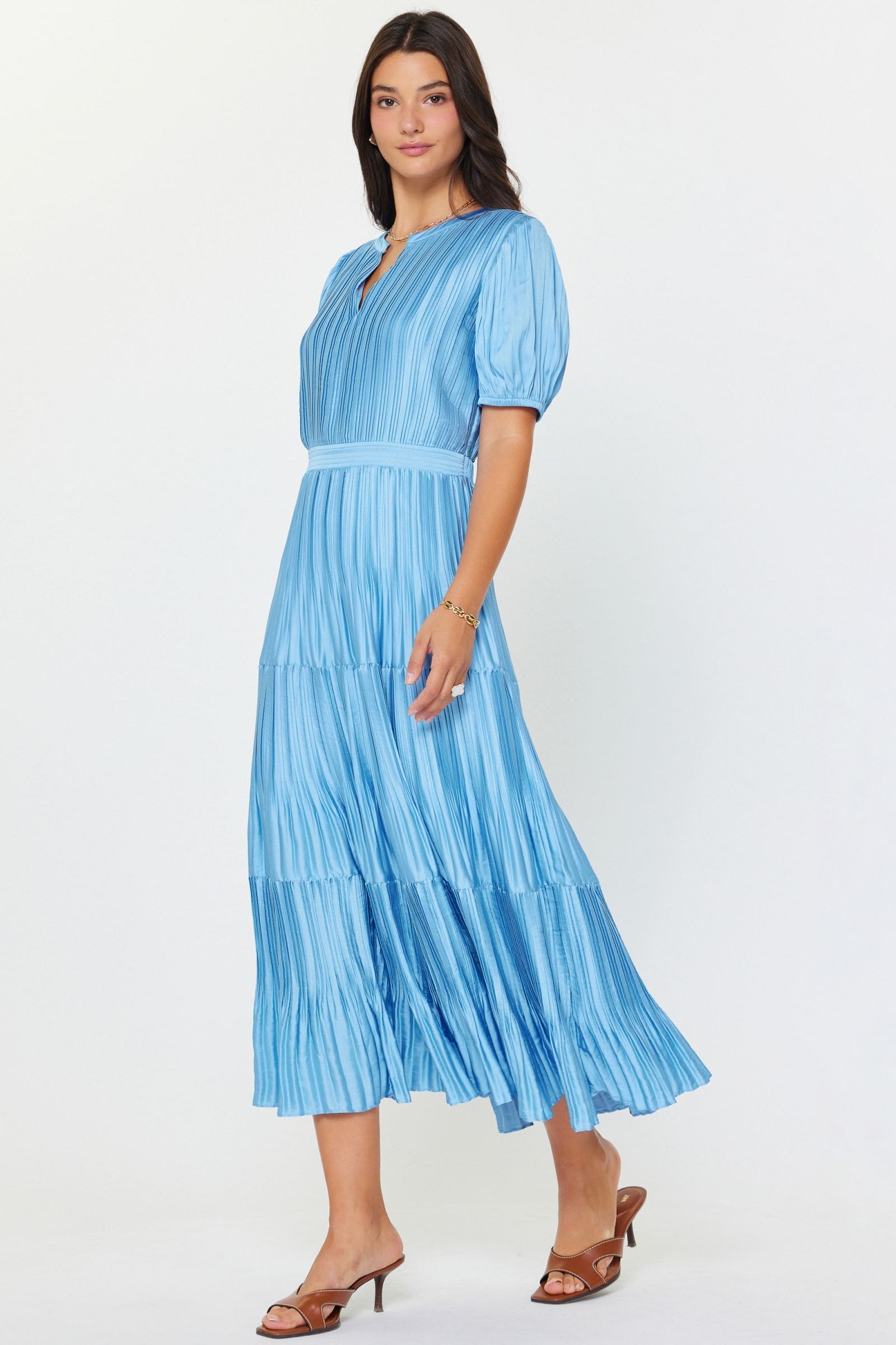 Current Air Slit-Neck Short Sleeve Pleated Tiered Dress - Image 5