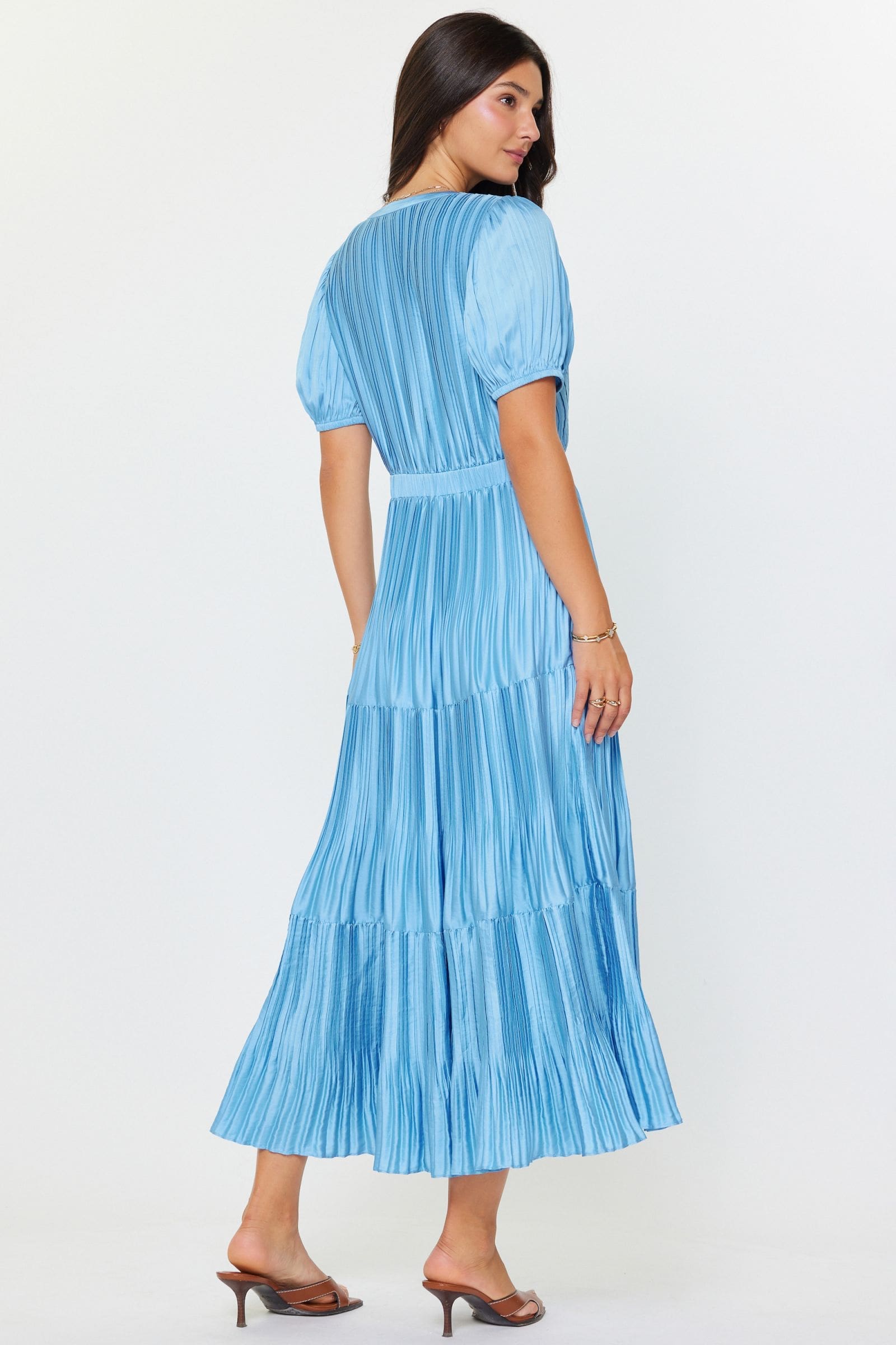 Current Air Slit-Neck Short Sleeve Pleated Tiered Dress - Image 7