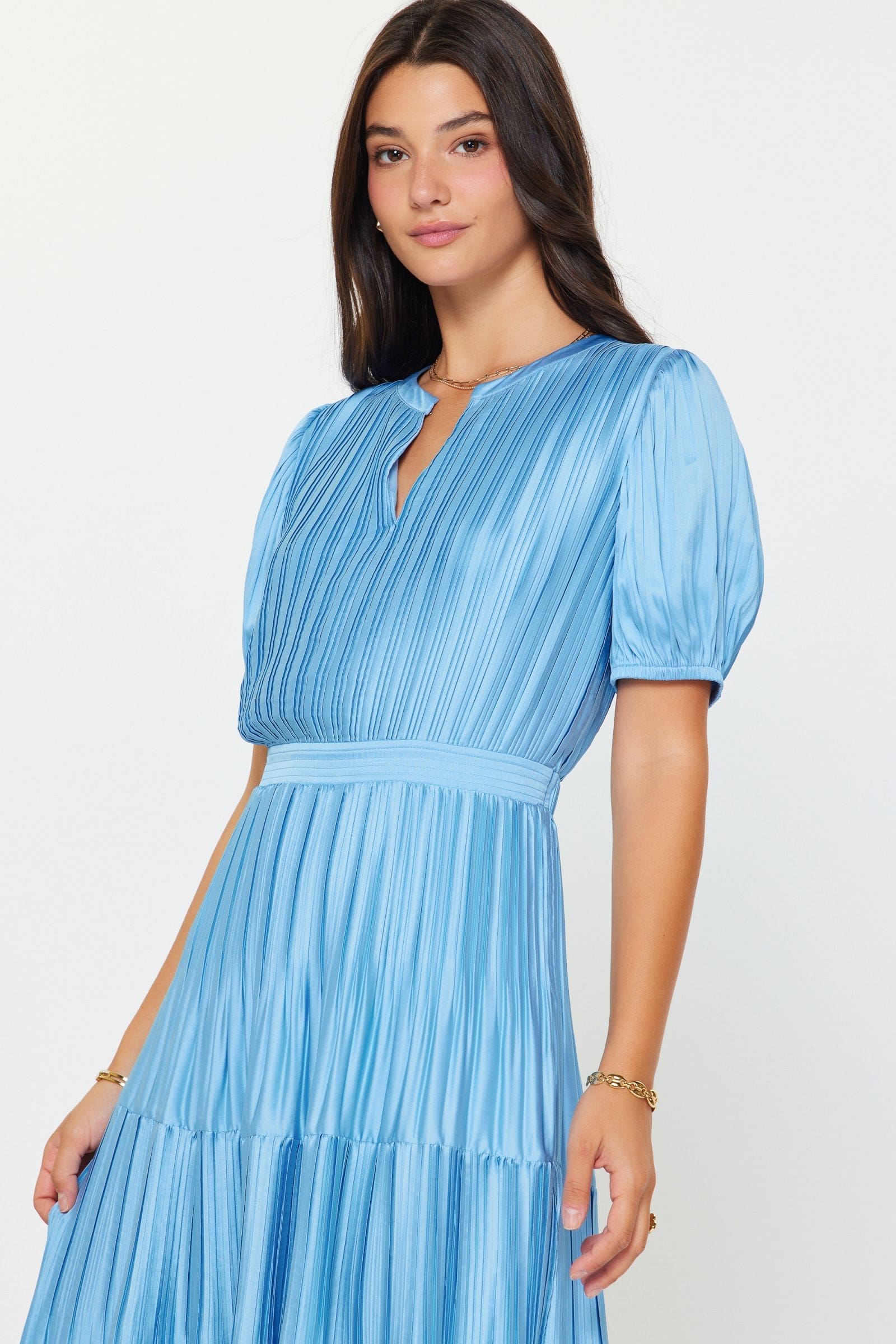 Current Air Slit-Neck Short Sleeve Pleated Tiered Dress - Image 9